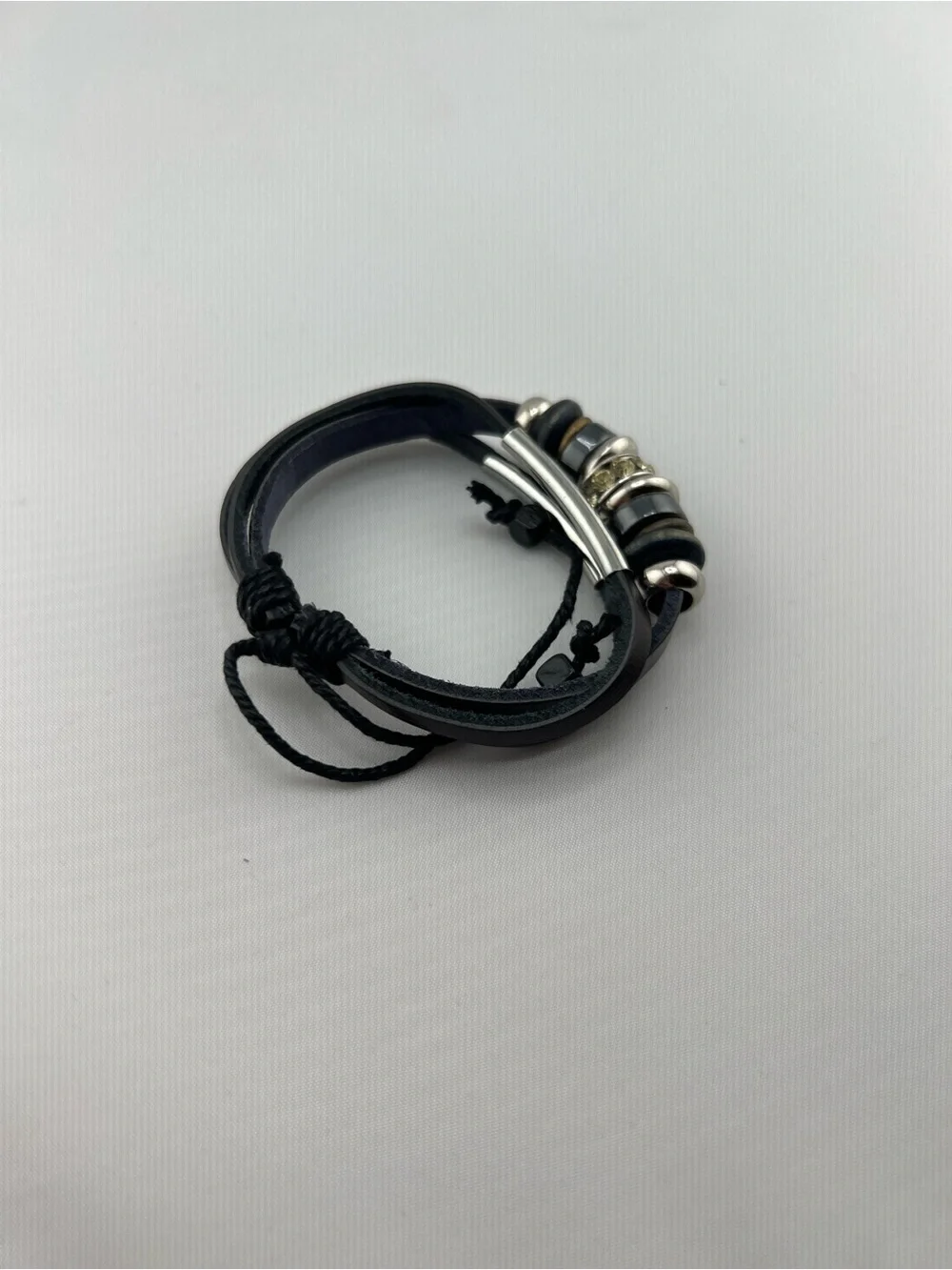 Black Leather Multi Strand Bracelet Silver Bead Rhinestone Accent Unisex